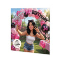 Personalised 14th Birthday Card - Girl Taking a Selfie at an Outdoor Party - Black Hair