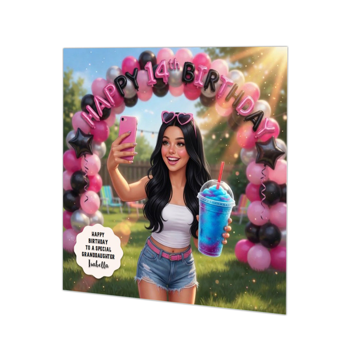 Personalised 14th Birthday Card - Girl with a Blue Drink at an Outdoor Party - Black Hair