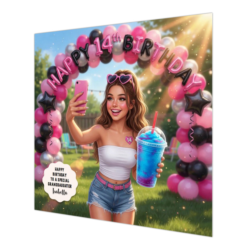 Personalised 14th Birthday Card - Girl with a Blue Drink at an Outdoor Party - Brown Hair