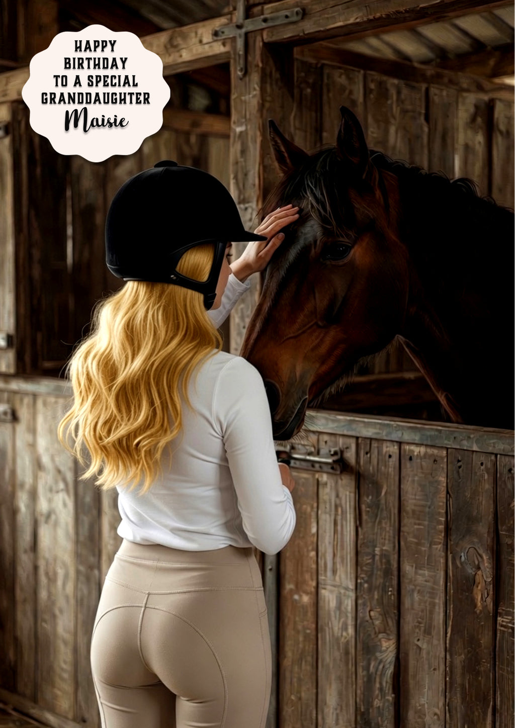 Personalised Birthday Card - Girl with a Horse at a Stable - Blonde Hair