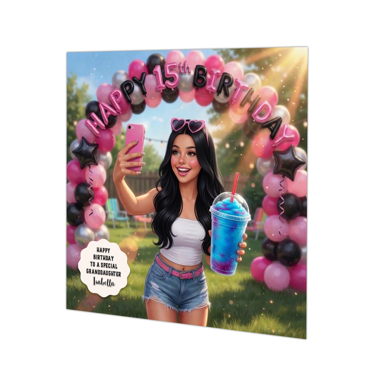 Personalised 15th Birthday Card - Girl Taking a Selfie with a Birthday Balloon Arch - Black Hair