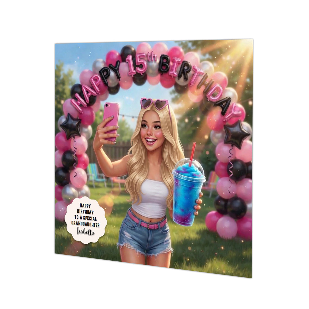 Personalised 15th Birthday Card - Girl Taking a Selfie with a Birthday Balloon Arch - Blonde Hair