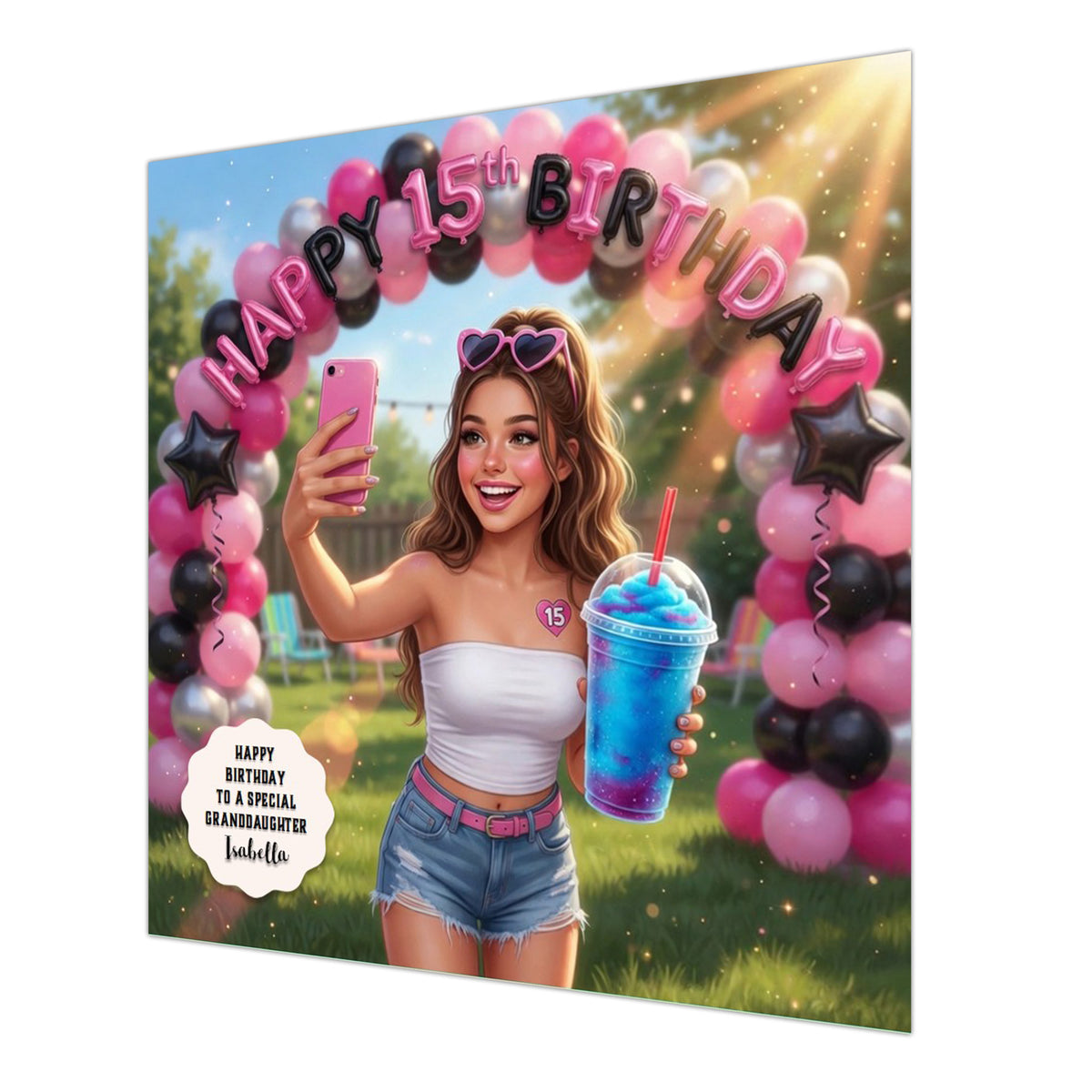 Personalised 15th Birthday Card - Girl Taking a Selfie with a Birthday Balloon Arch - Brown Hair