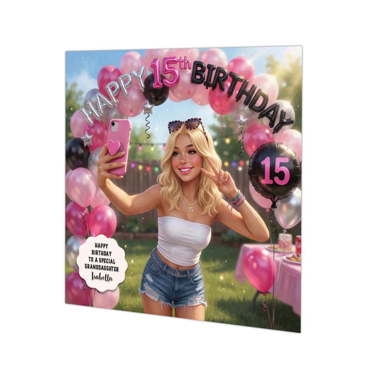 Personalised 15th Birthday Card - Girl Taking a Selfie at an Outdoor Party - Blonde Hair