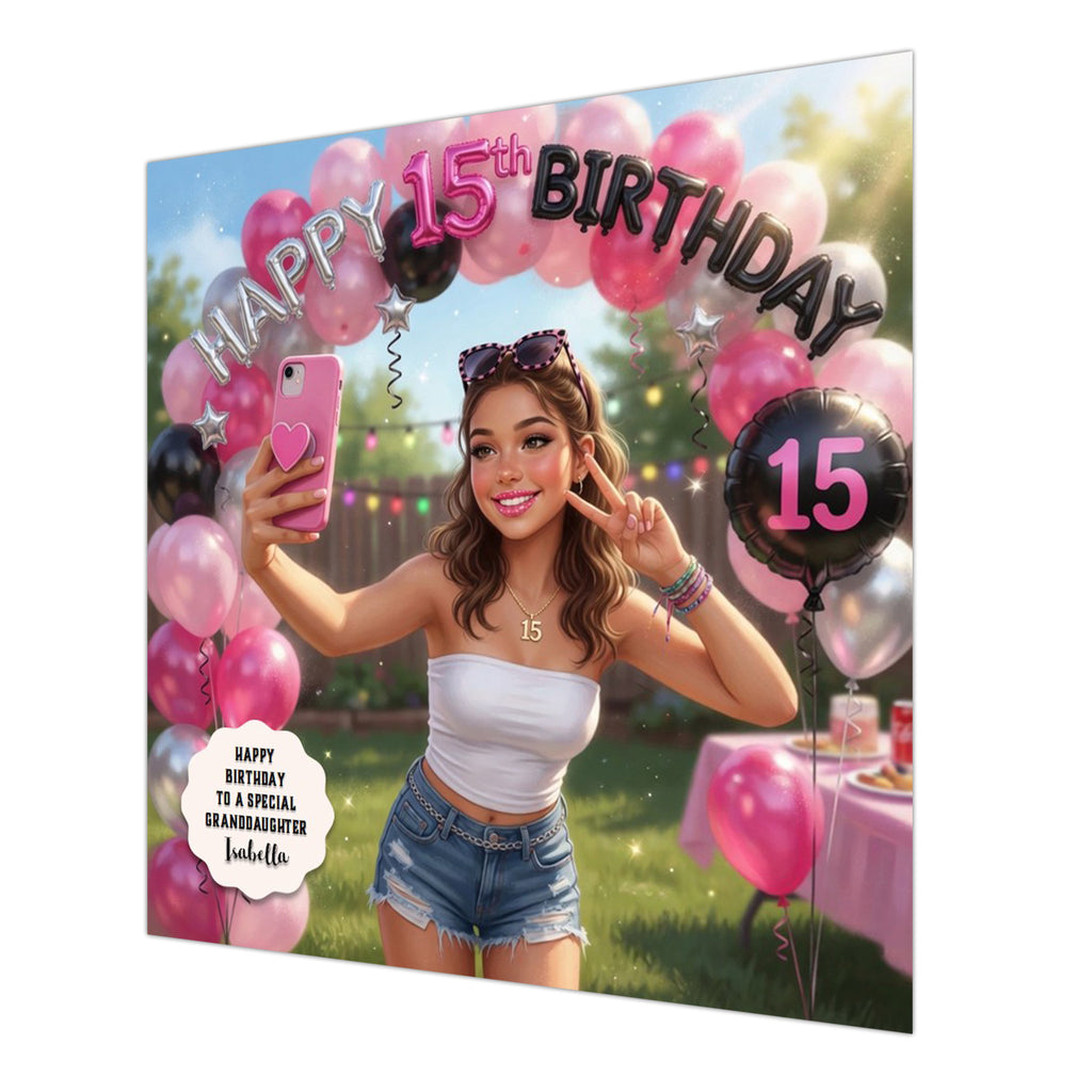 Personalised 15th Birthday Card - Girl Taking a Selfie at an Outdoor Party - Brown Hair