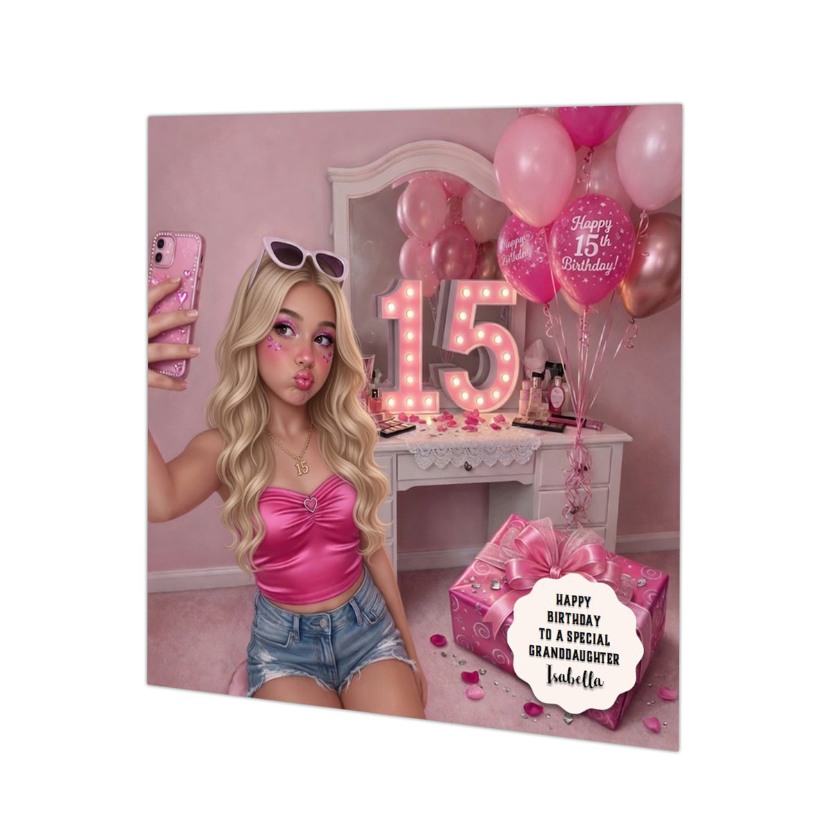 Personalised 15th Birthday Card - Girl Taking a Selfie - Blonde Hair