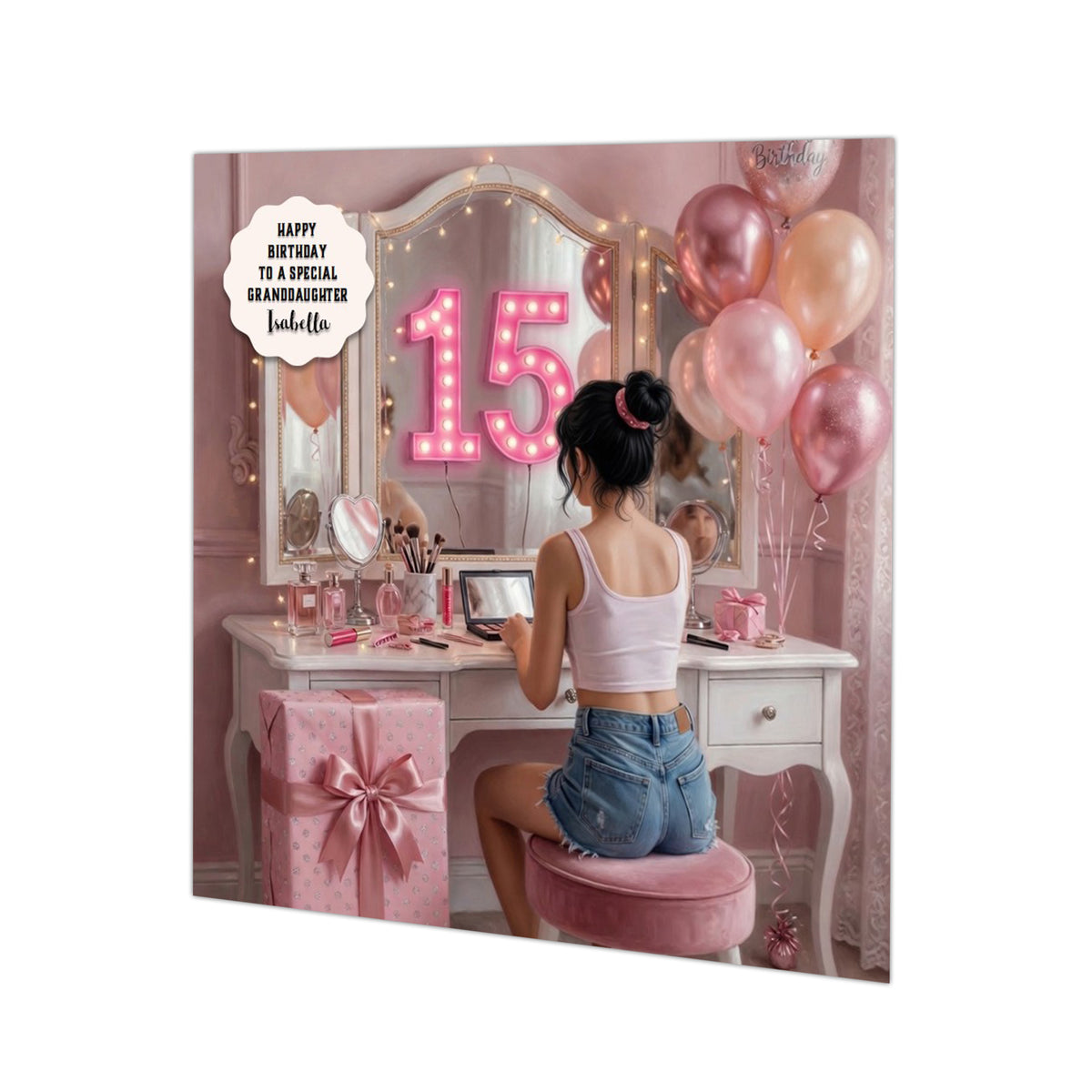 Personalised 15th Birthday Card - Girl at a Dressing Table - Black Hair
