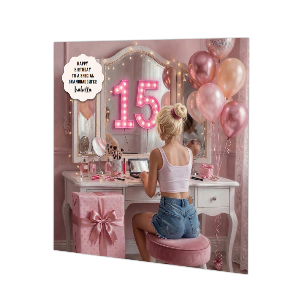 Personalised 15th Birthday Card - Girl at a Dressing Table - Blonde Hair