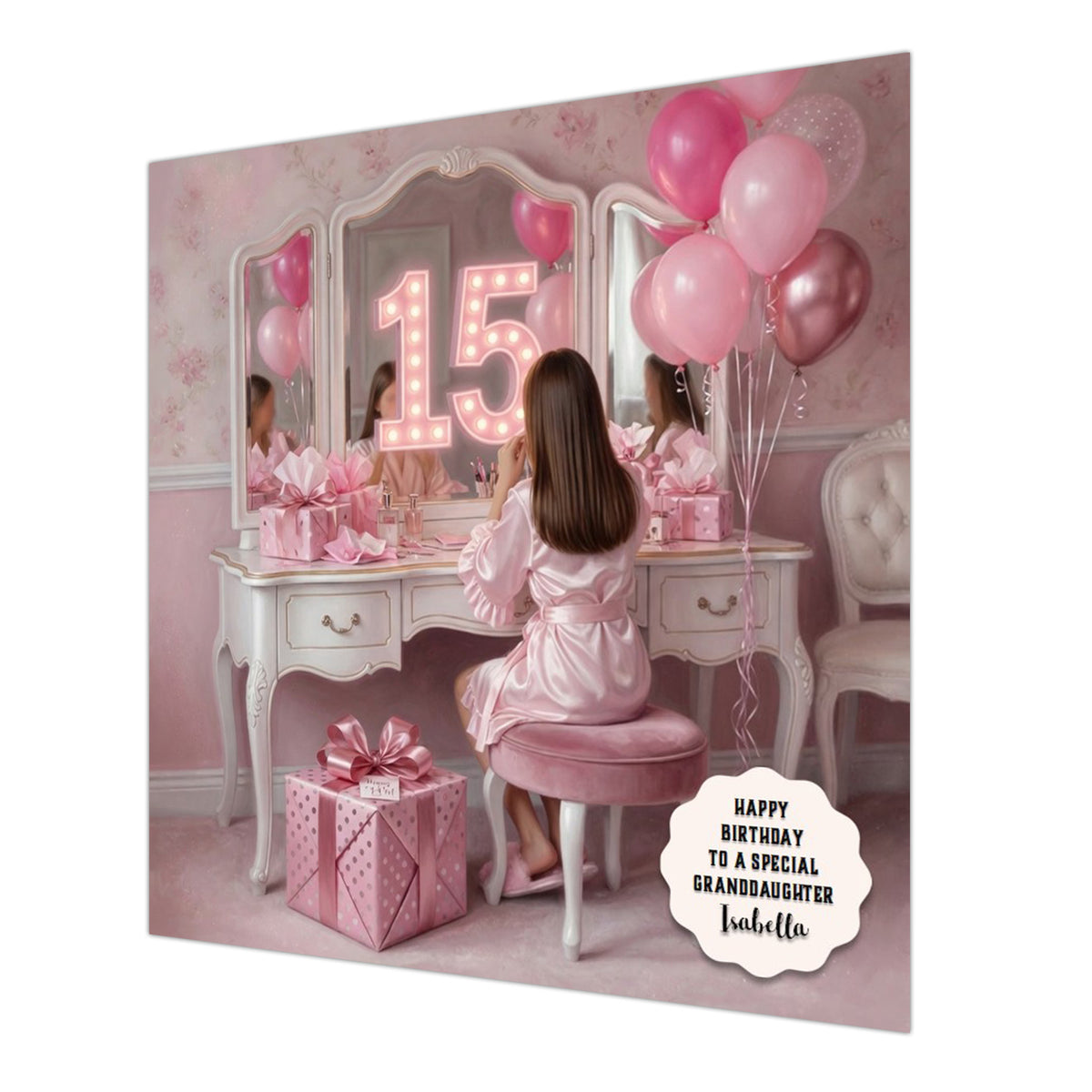 Personalised 15th Birthday Card - Girl at a Dressing Table - Brown Hair