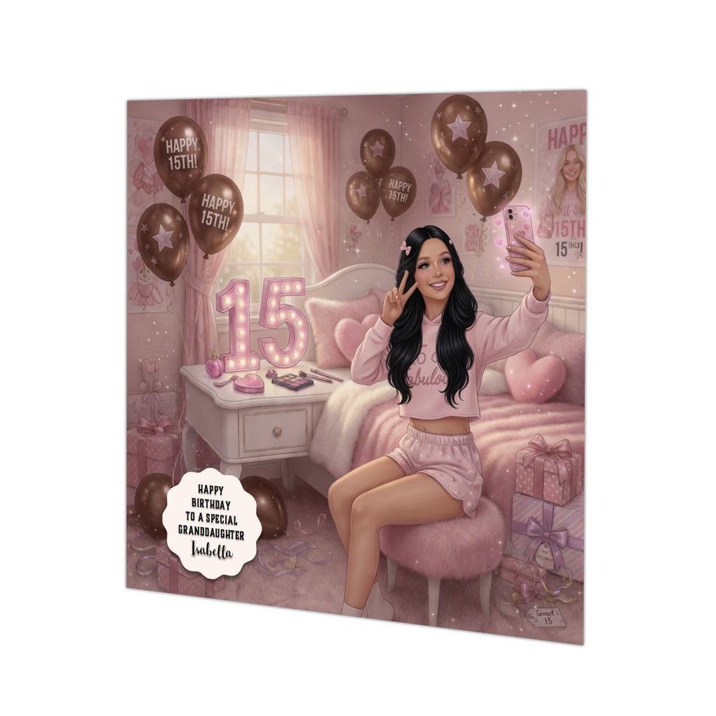 Personalised 15th Birthday Card - Girl Taking a Selfie in a Bedroom - Black Hair