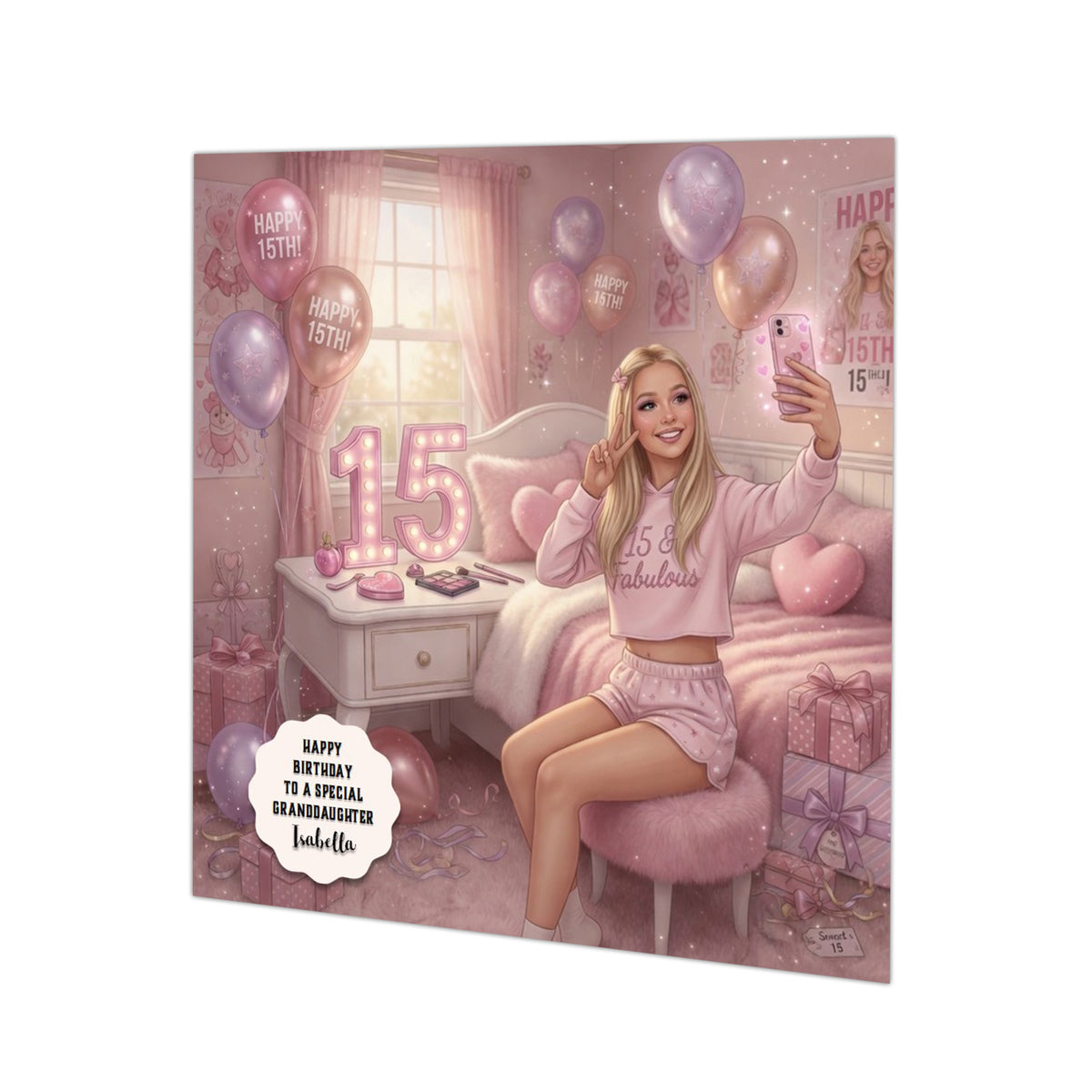 Personalised 15th Birthday Card - Girl Taking a Selfie in a Bedroom - Blonde Hair