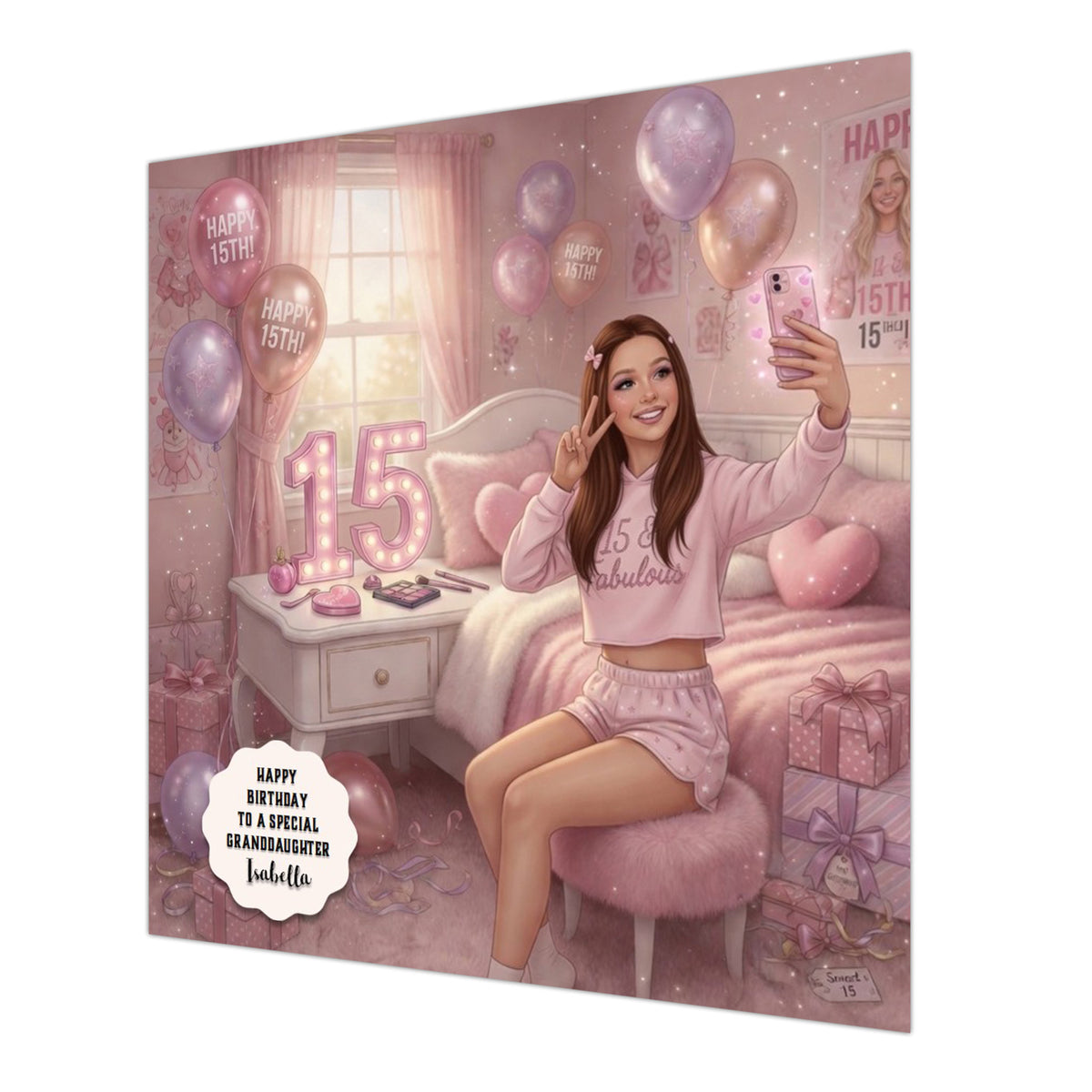 Personalised 15th Birthday Card - Girl Taking a Selfie in a Bedroom - Brown Hair