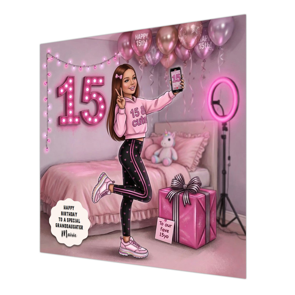 Personalised 15th Birthday Card - Girl Making a Birthday Video - Brown Hair