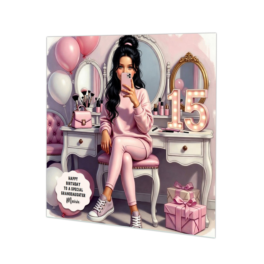 Personalised 15th Birthday Card - Girl at a Dressing Table - Black Hair