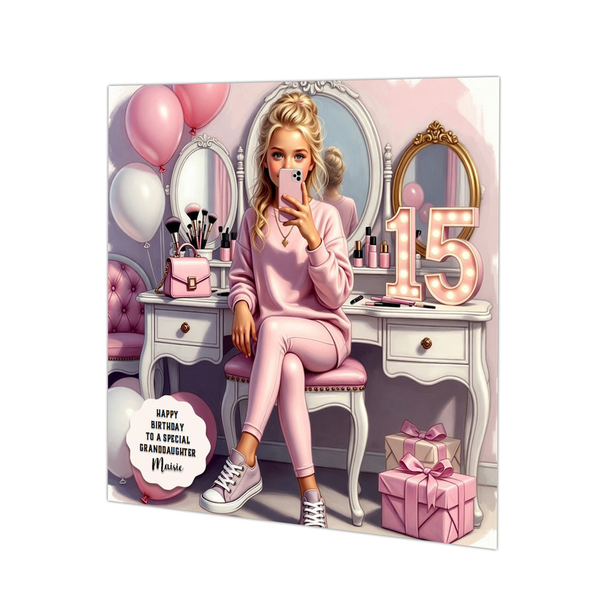 Personalised 15th Birthday Card - Girl at a Dressing Table - Blonde Hair