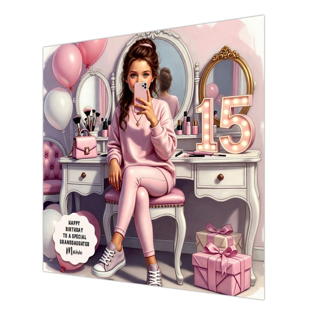Personalised 15th Birthday Card - Girl at a Dressing Table - Brown Hair