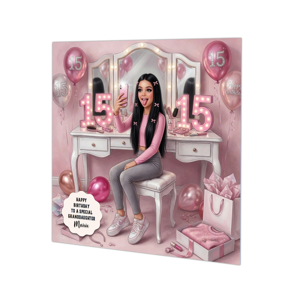 Personalised 15th Birthday Card - Girl at a Dressing Table - Black Hair