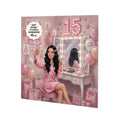 Personalised 15th Birthday Card - Girl at a Dressing Table - Black Hair