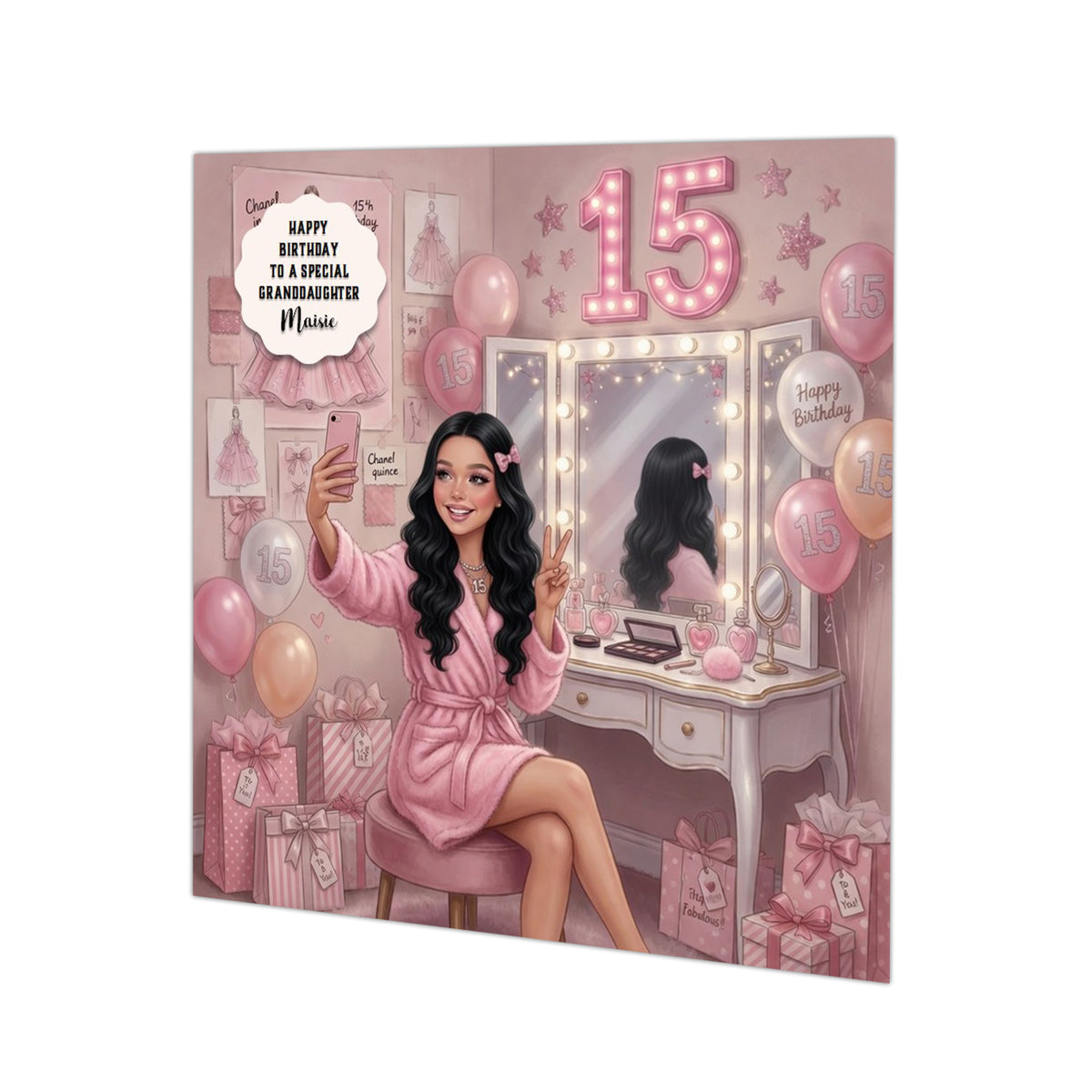 Personalised 15th Birthday Card - Girl at a Dressing Table - Black Hair