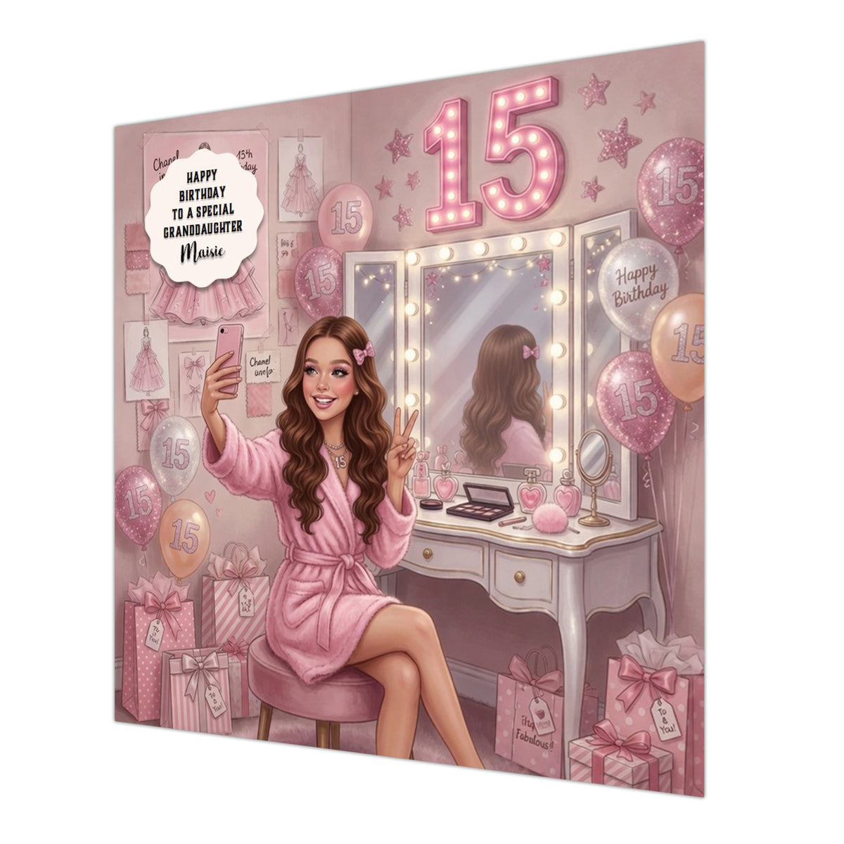 Personalised 15th Birthday Card - Girl at a Dressing Table - Brown Hair