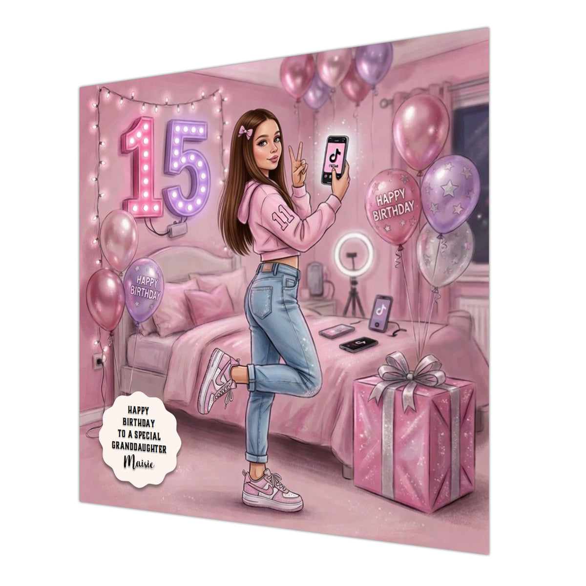 Personalised 15th Birthday Card - Girl Making a Video - Brown Hair