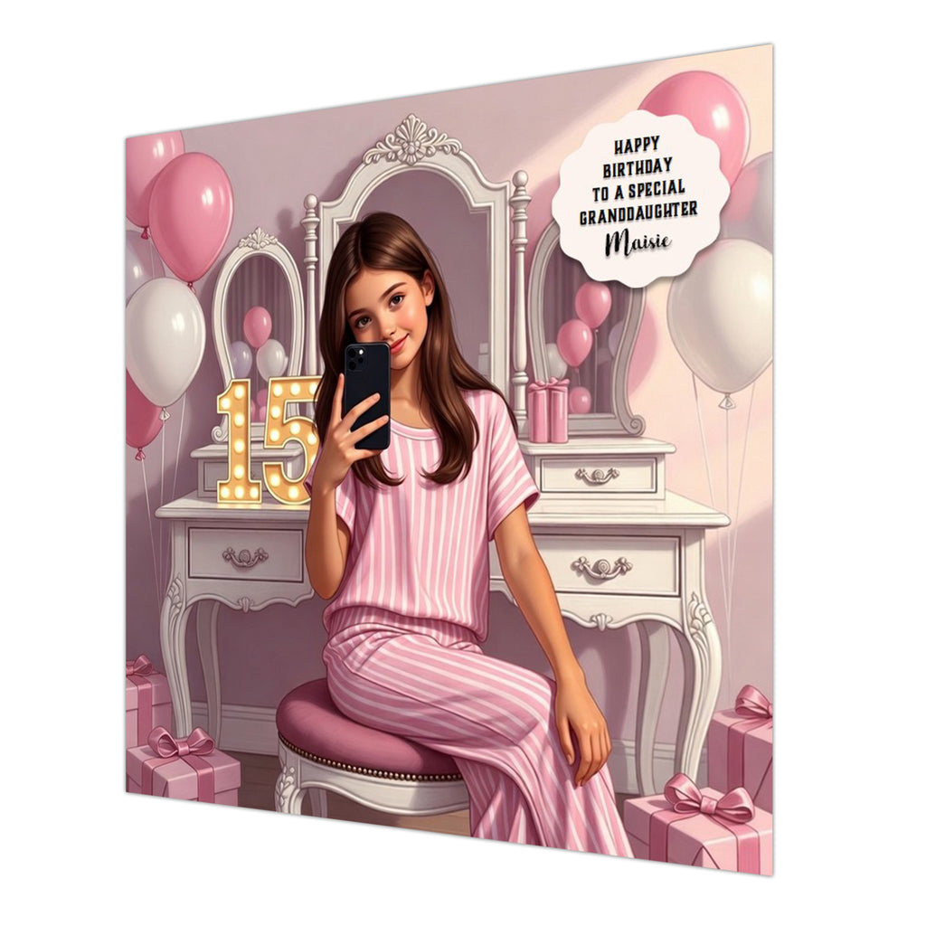 Personalised 15th Birthday Card - Girl at a Dressing Table - Brown Hair