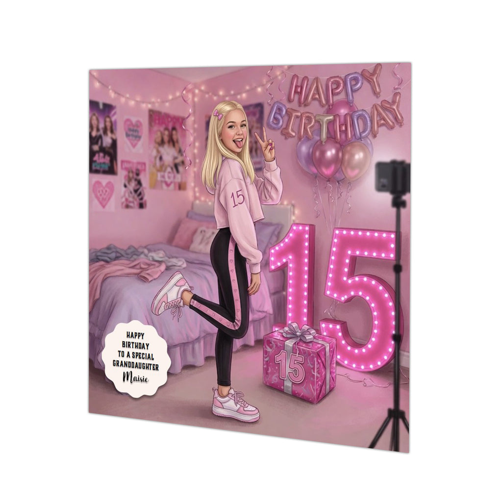 Personalised 15th Birthday Card - Girl Making a Video - Blonde Hair