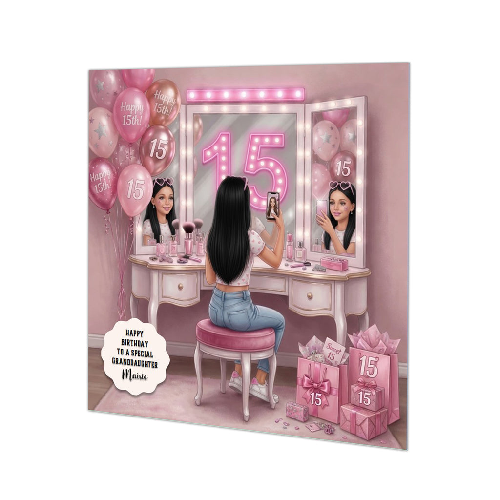 Personalised 15th Birthday Card - Girl Taking a Selfie at a Dressing Table - Black Hair