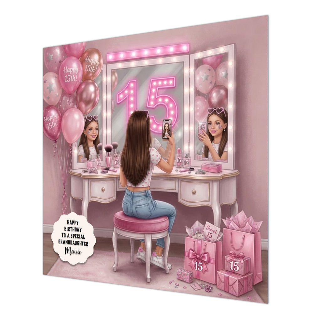 Personalised 15th Birthday Card - Girl Taking a Selfie at a Dressing Table - Brown Hair
