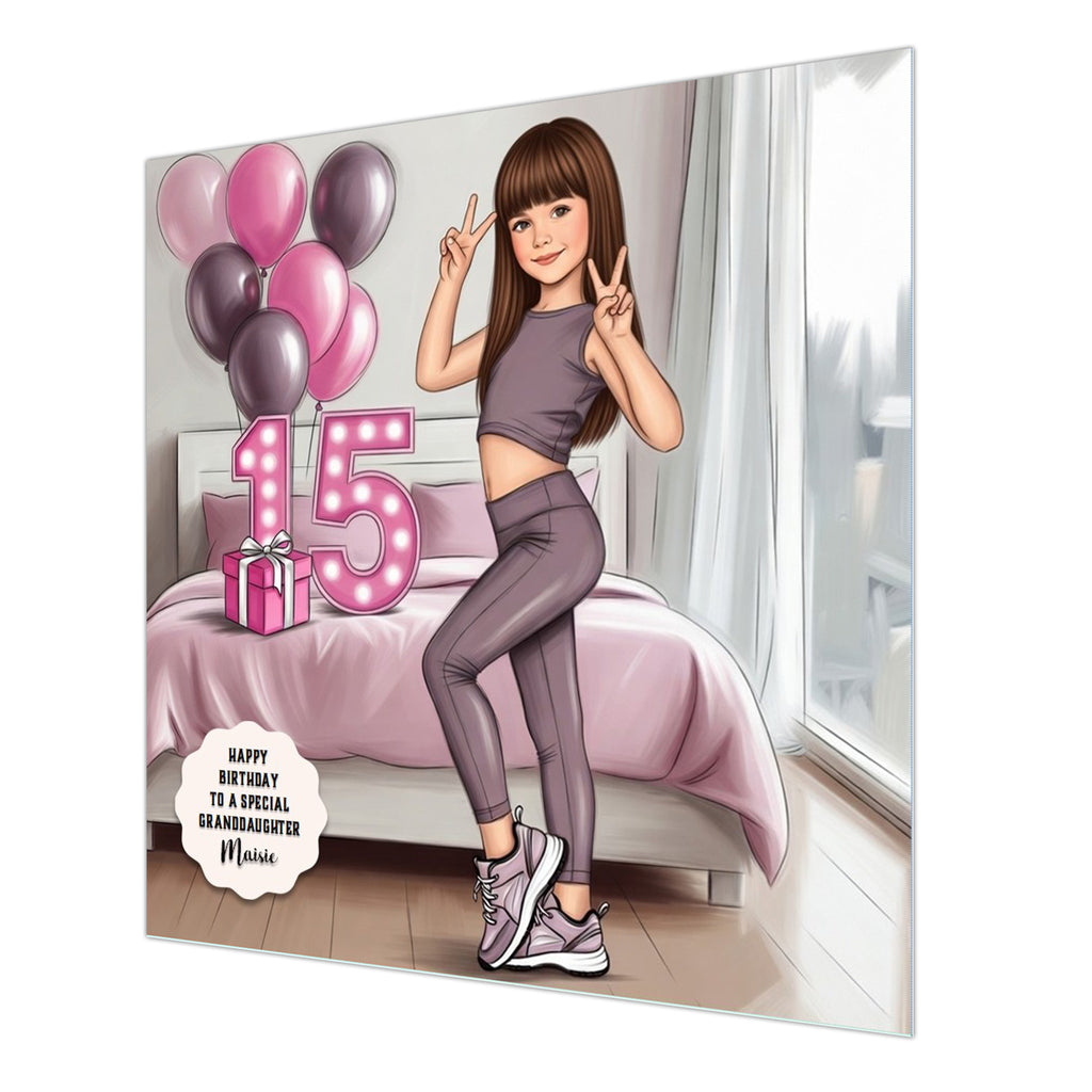 Personalised 15th Birthday Card - Girl in Sportswear - Brown Hair
