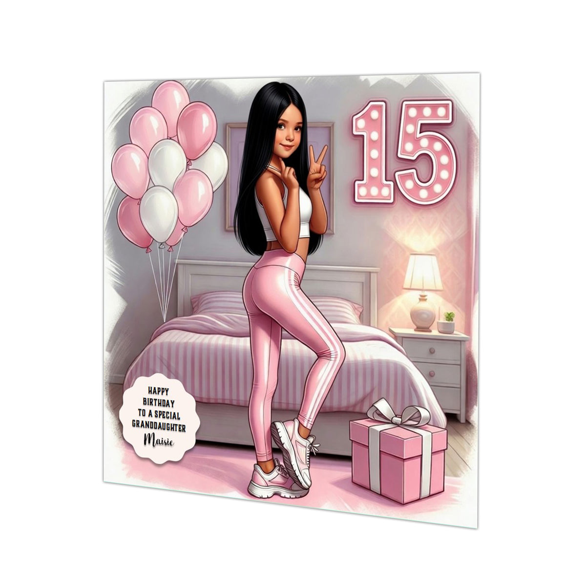 Personalised 15th Birthday Card - Girl in Sportswear - Black Hair