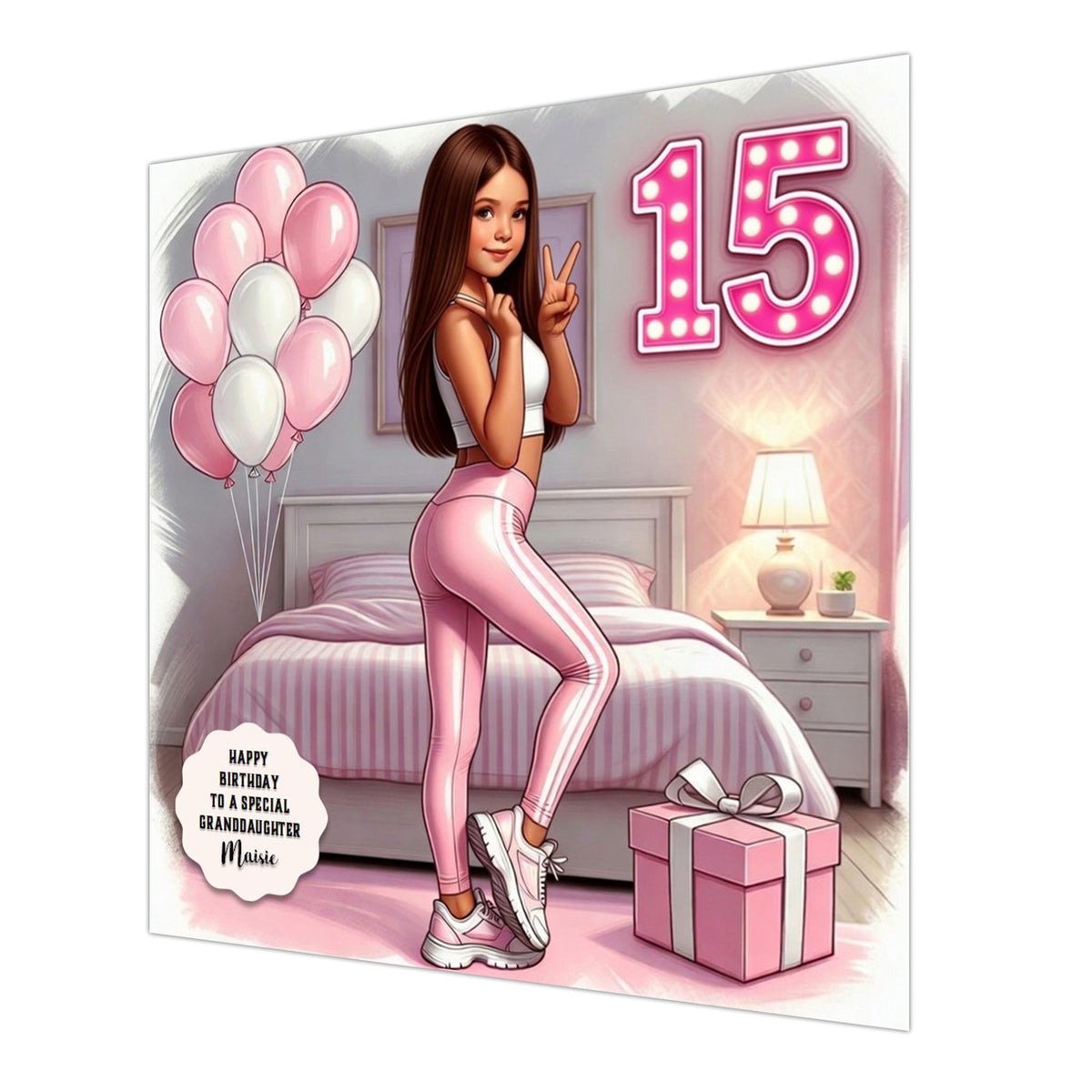 Personalised 15th Birthday Card - Girl in Sportswear - Brown Hair