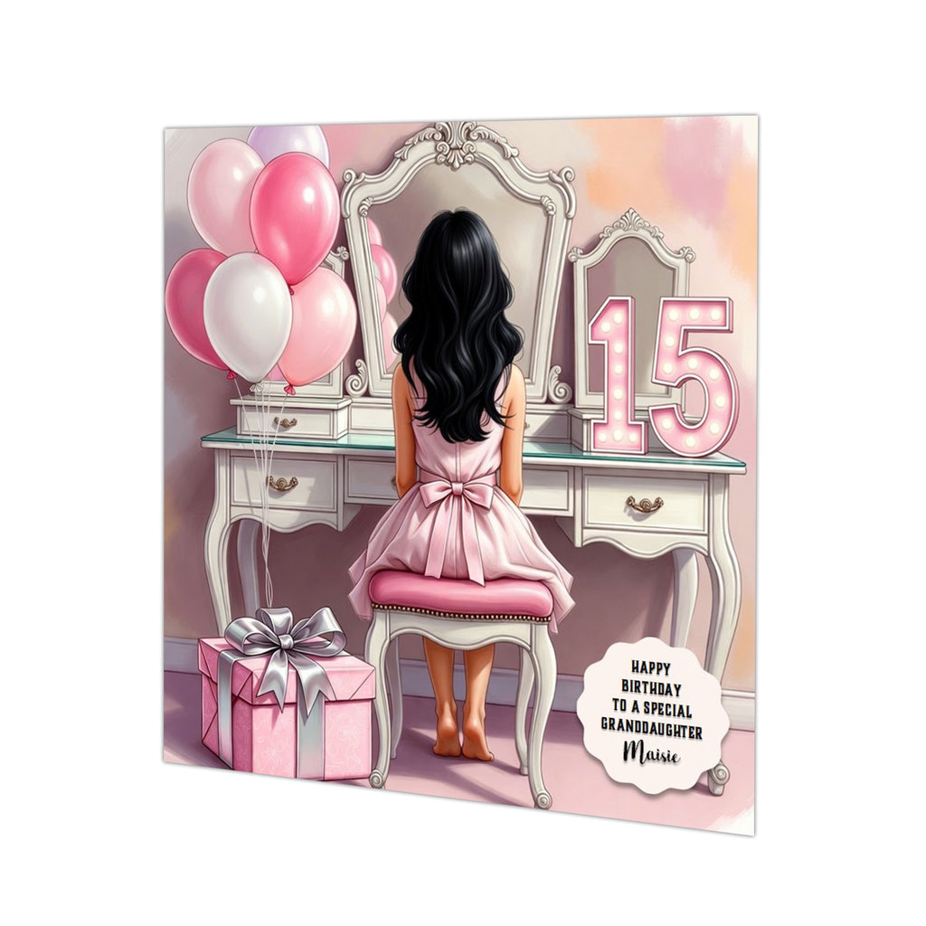 Personalised 15th Birthday Card - Girl at a Dressing Table - Black Hair