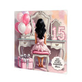 Personalised 15th Birthday Card - Girl at a Dressing Table - Black Hair