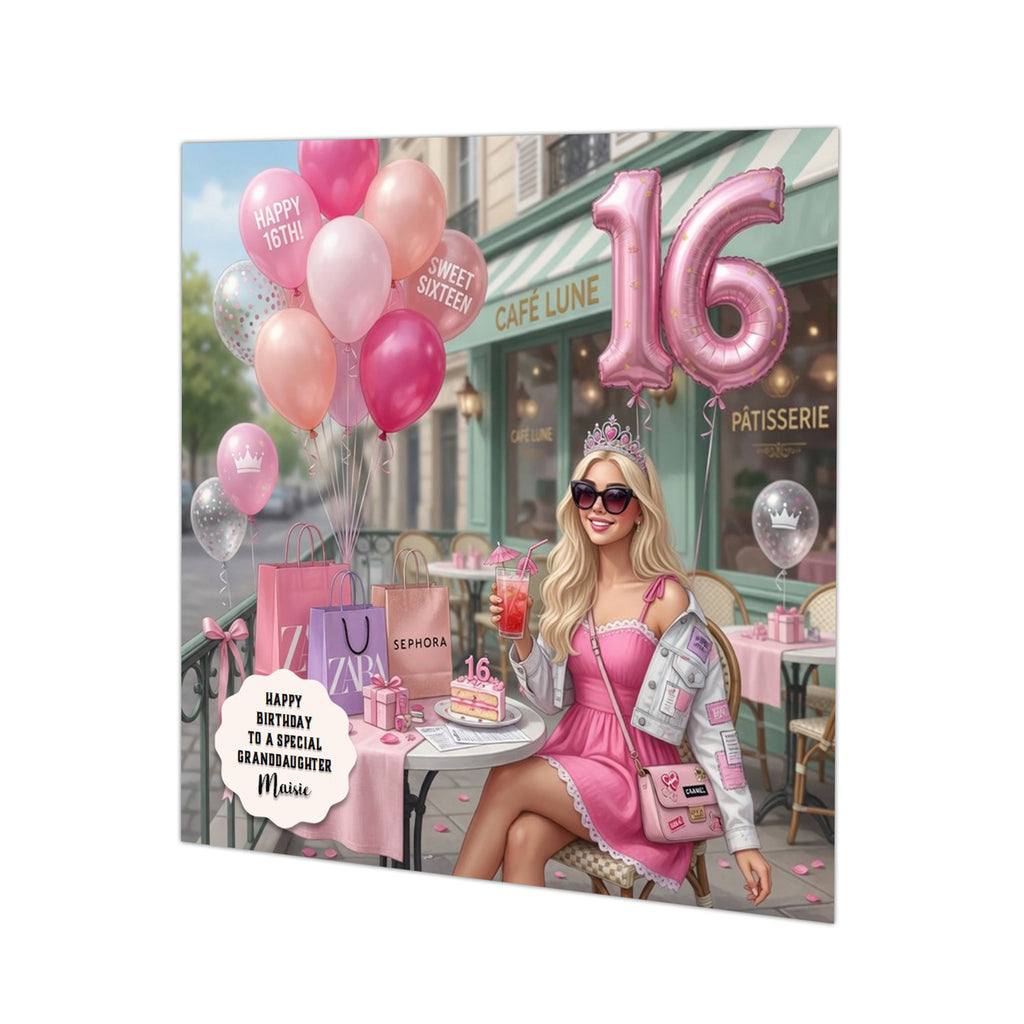 Personalised 16th Birthday Card - Girl Celebrating at a Cafe - Blonde Hair