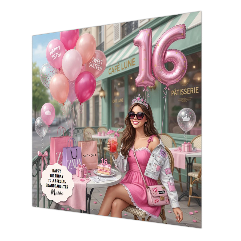 Personalised 16th Birthday Card - Girl Celebrating at a Cafe - Brown Hair