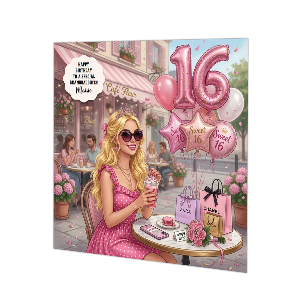 Personalised 16th Birthday Card - Girl Celebrating at a Cafe - Blonde Hair