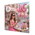 Personalised 16th Birthday Card - Girl Celebrating at a Cafe - Brown Hair