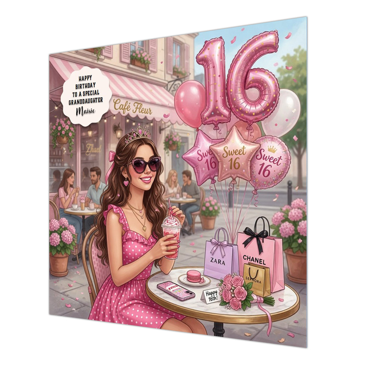 Personalised 16th Birthday Card - Girl Celebrating at a Cafe - Brown Hair