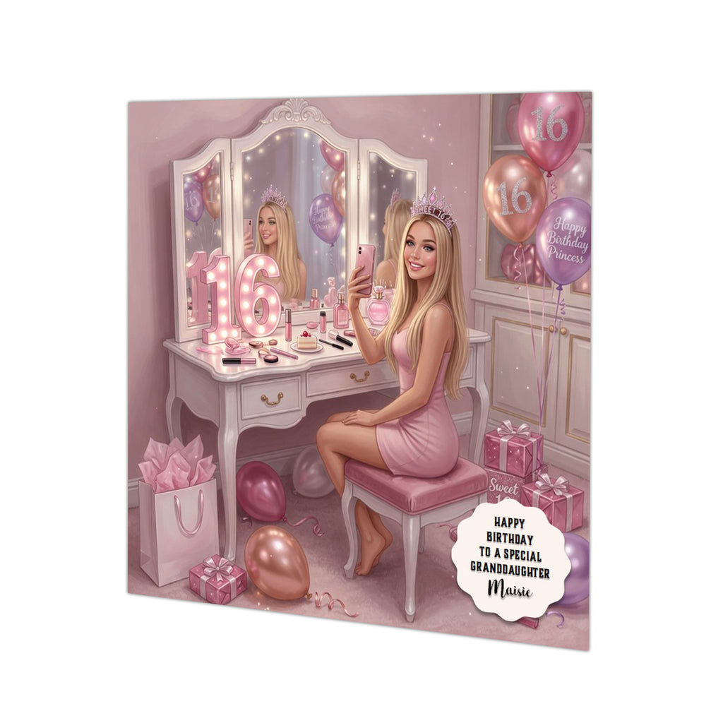 Personalised 16th Birthday Card - Girl at a Dressing Table - Blonde Hair