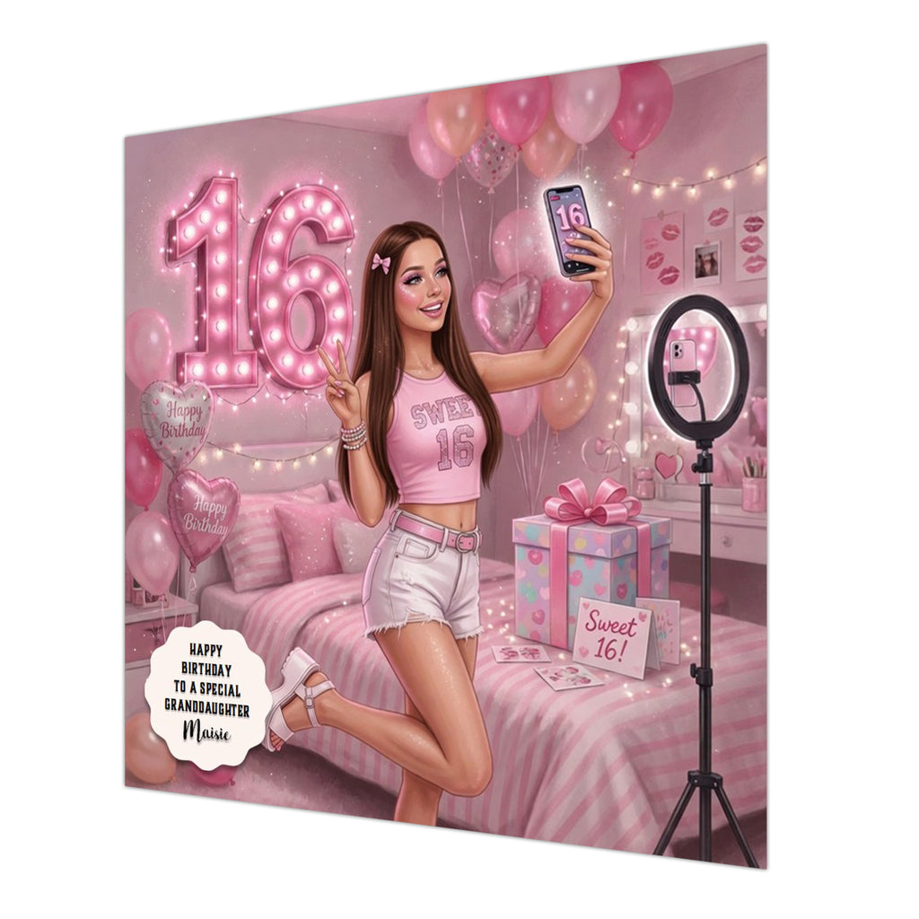 Personalised 16th Birthday Card - Girl Making a Video - Brown Hair