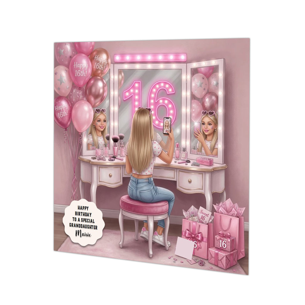 Personalised 16th Birthday Card - Girl at a Dressing Table - Blonde Hair