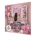 Personalised 16th Birthday Card - Girl at a Dressing Table - Brown Hair