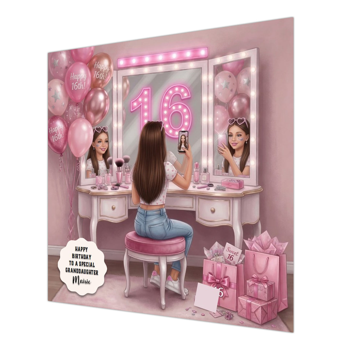 Personalised 16th Birthday Card - Girl at a Dressing Table - Brown Hair