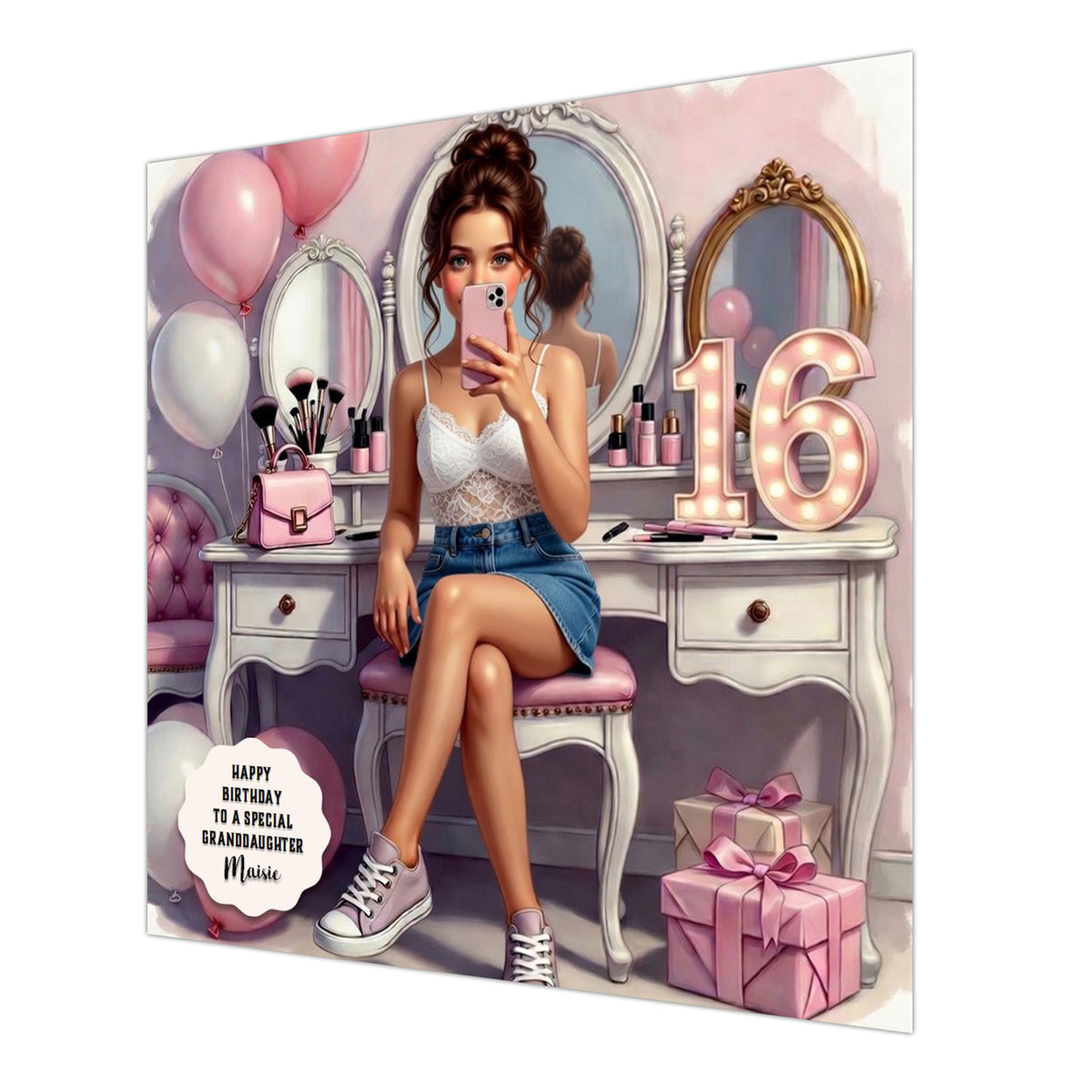 Personalised 16th Birthday Card - Girl Taking a Selfie at a Dressing Table - Brown Hair