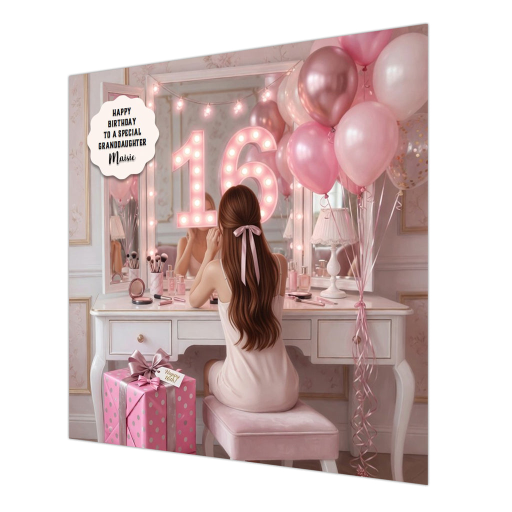 Personalised 16th Birthday Card - Girl at a Dressing Table - Brown Hair