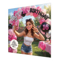 Personalised 16th Birthday Card - Girl Taking a Selfie with a Birthday Balloon Arch - Brown Hair