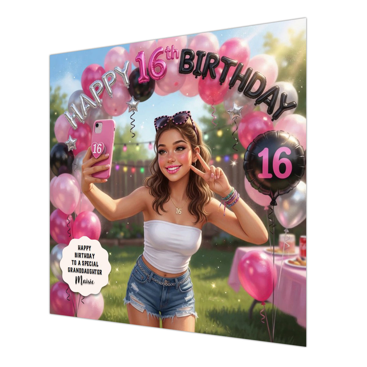 Personalised 16th Birthday Card - Girl Taking a Selfie with a Birthday Balloon Arch - Brown Hair