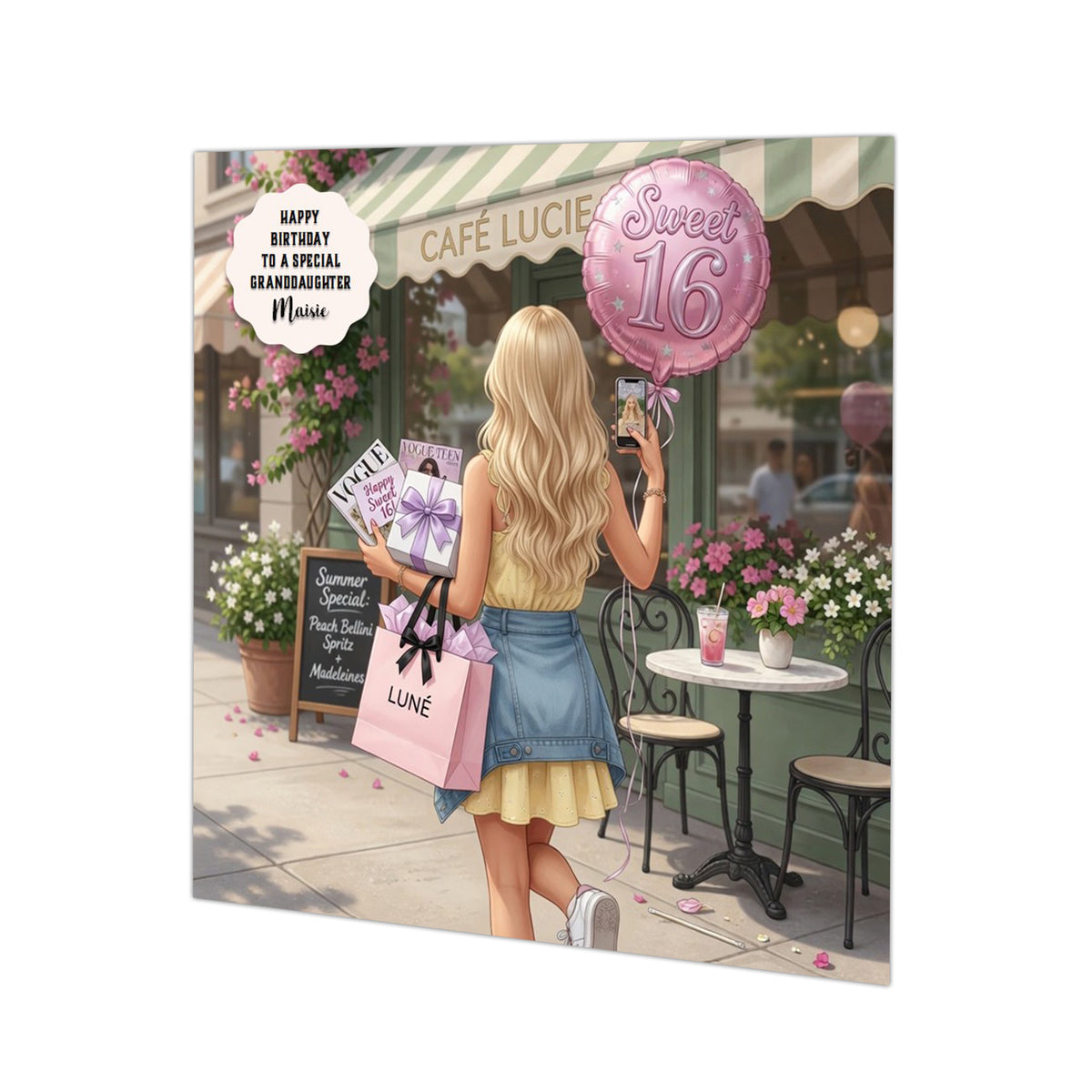 Personalised 16th Birthday Card - Girl Shopping near a Cafe - Blonde Hair