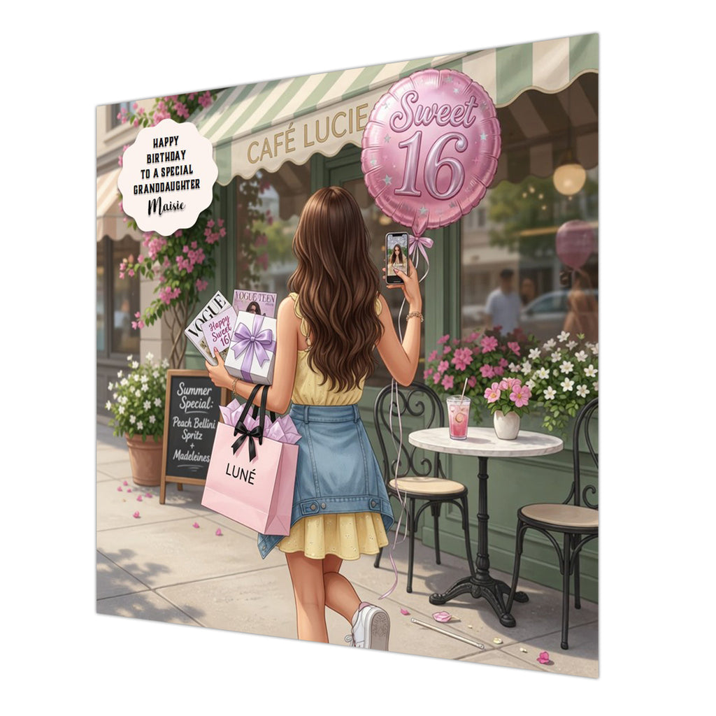 Personalised 16th Birthday Card - Girl Shopping near a Cafe - Brown Hair